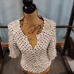White Polka Dot Lace-Shoulder Blouse